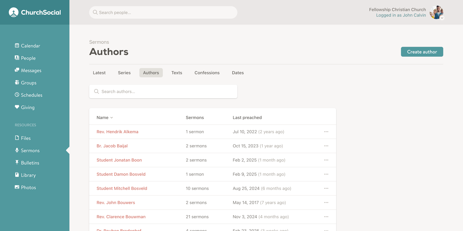 Improved sermon authors page screenshot
