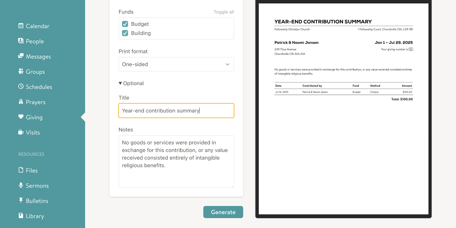 Custom titles and notes for giving statements screenshot