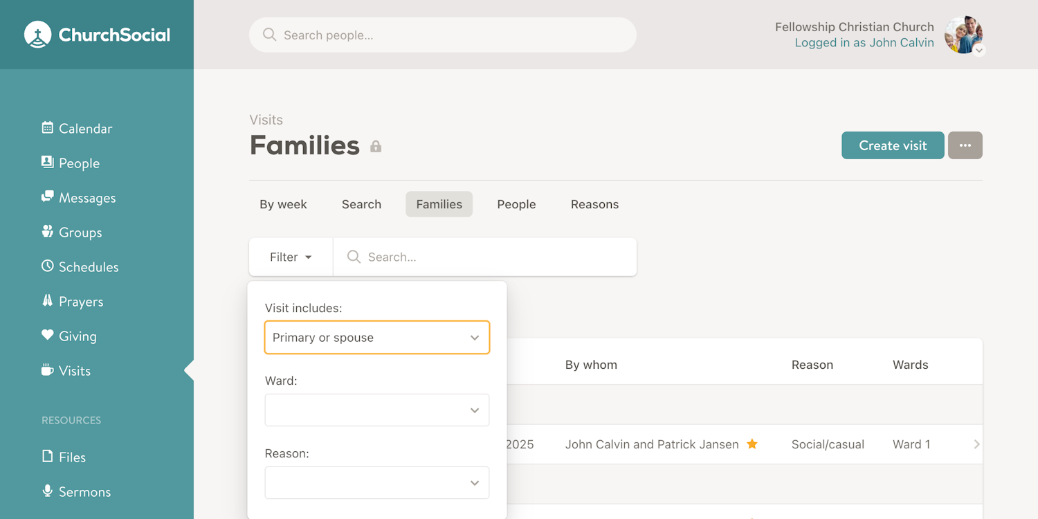 New "includes" filter on family visits page screenshot