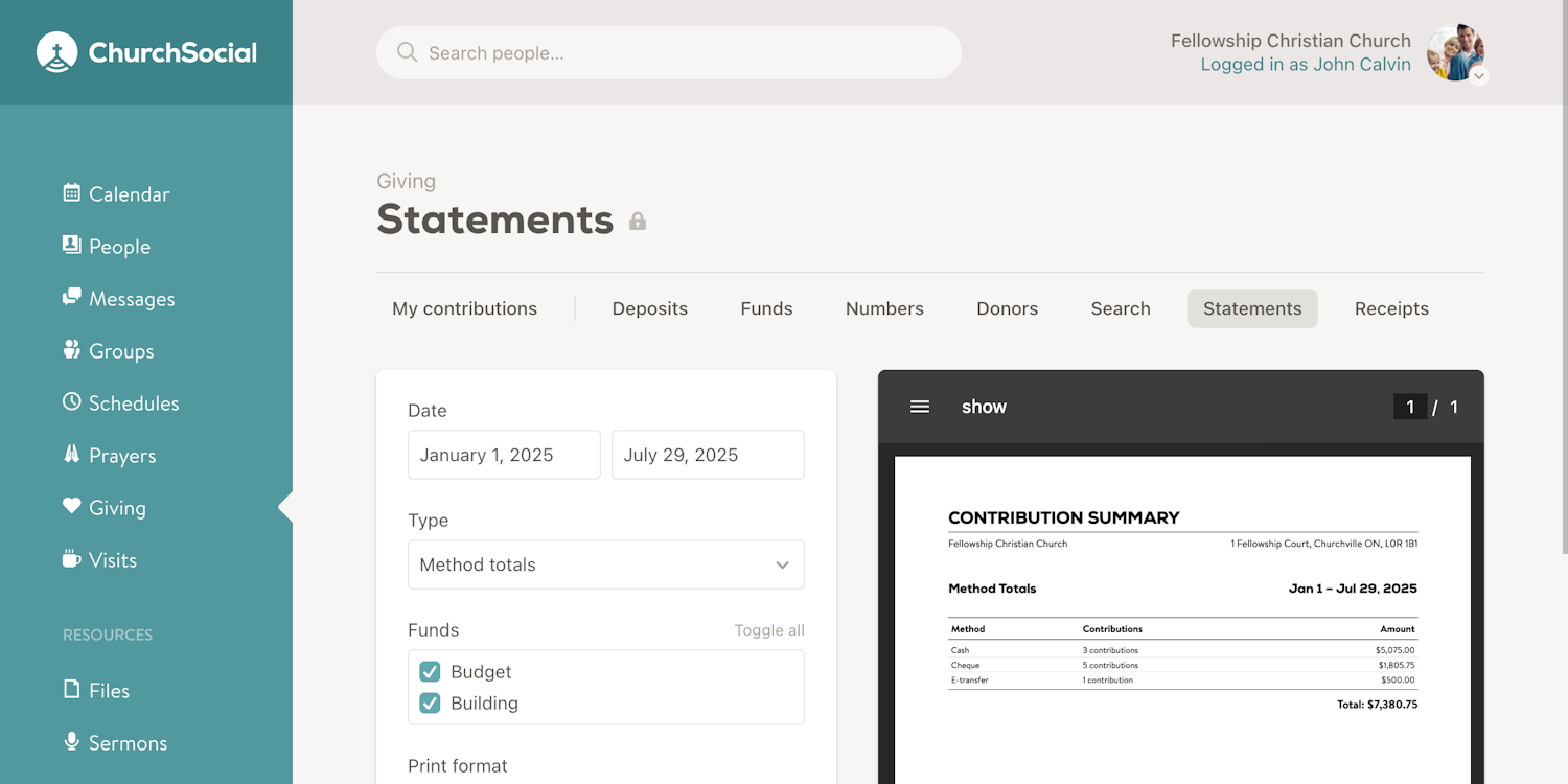 New method totals contribution statement screenshot