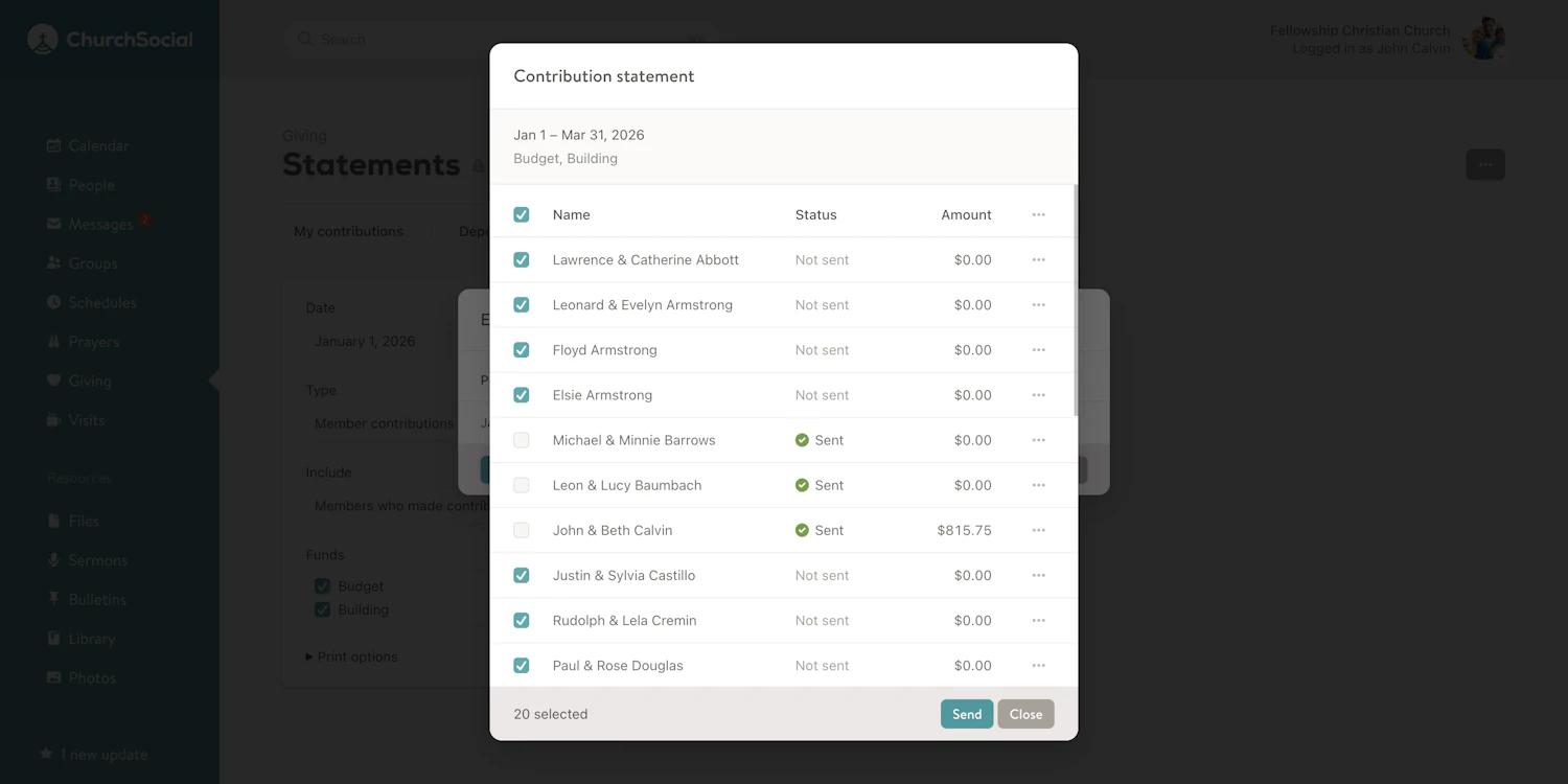 Email member contribution statements screenshot