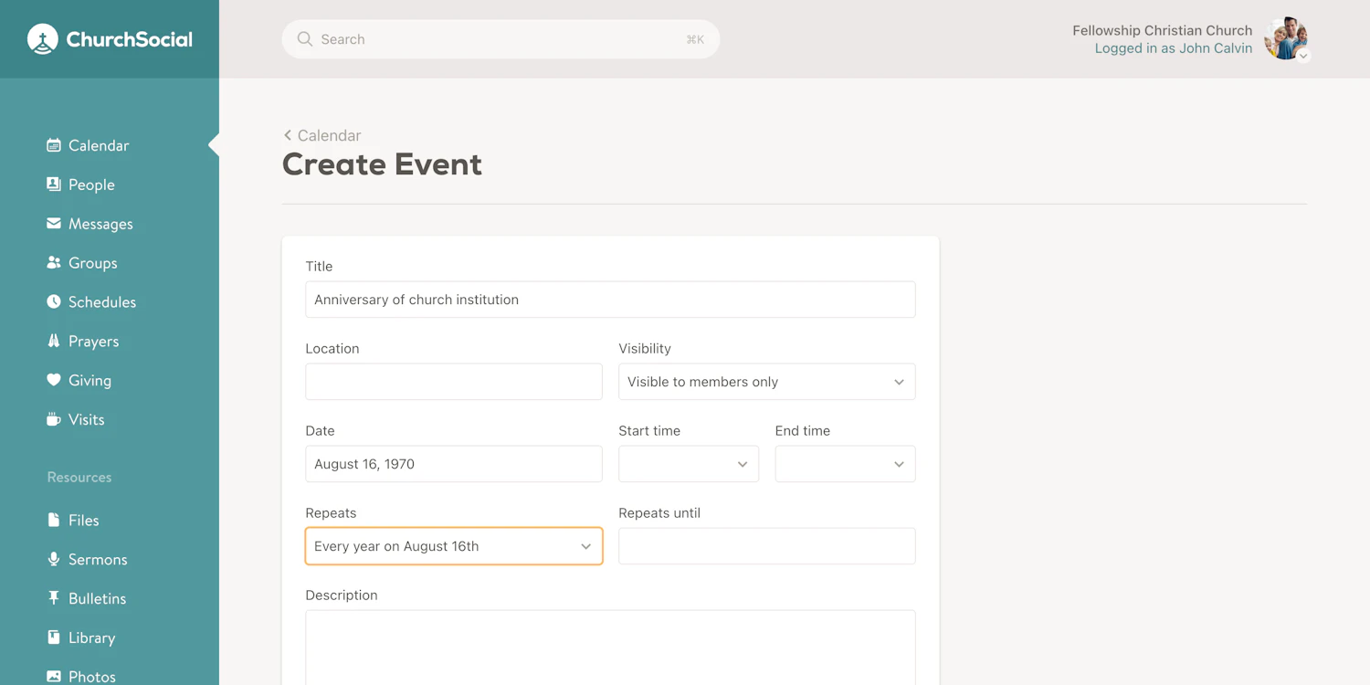 Create events that repeat yearly screenshot
