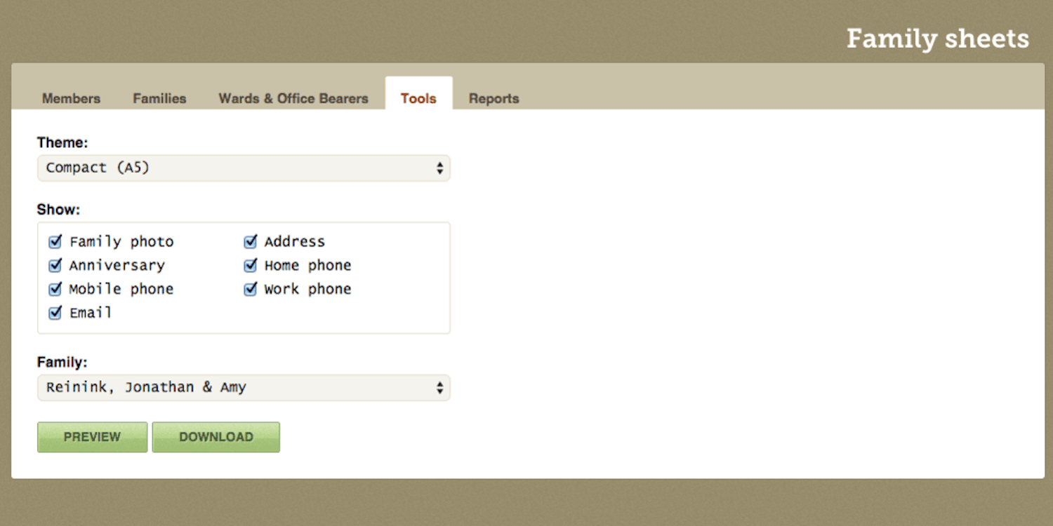 New family sheet generator screenshot