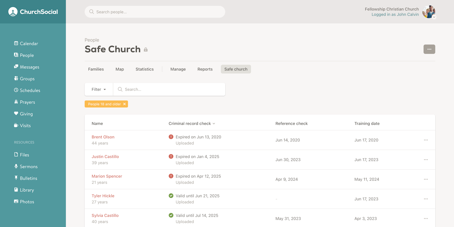 New "Safe Church" page and coordinator role screenshot