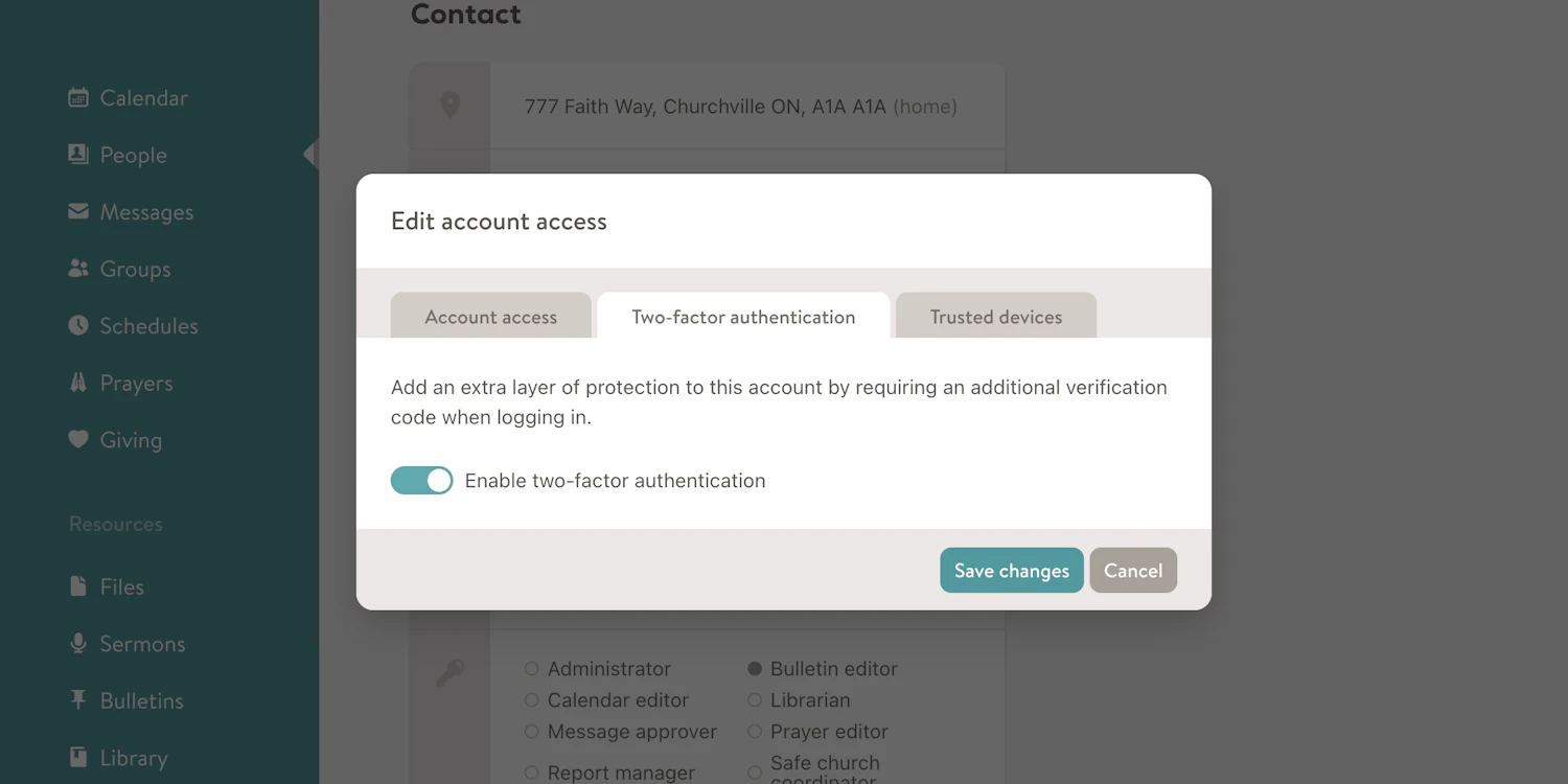 Manage two-factor authentication for members screenshot