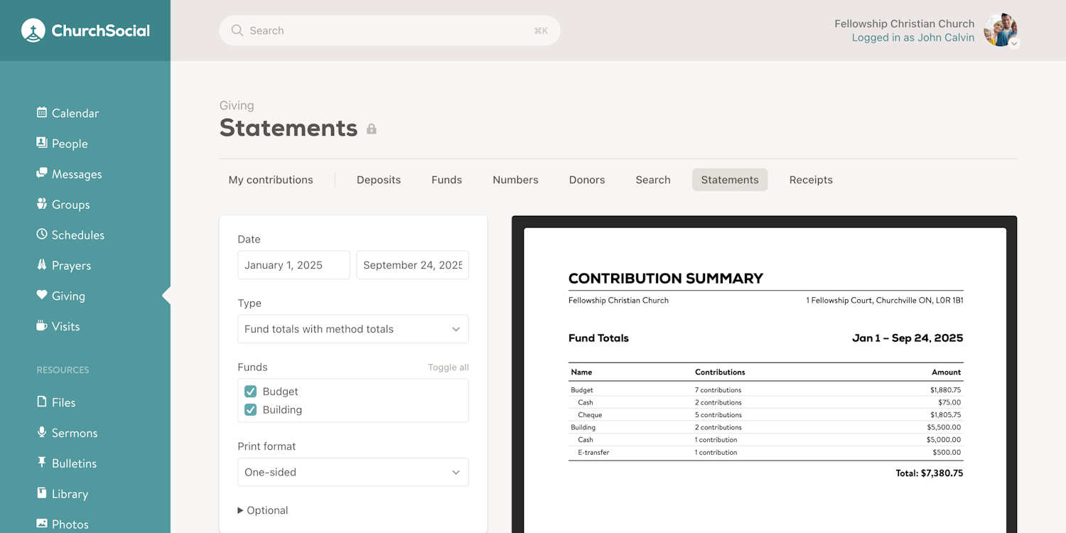 New "Fund totals with method totals" contribution statement screenshot