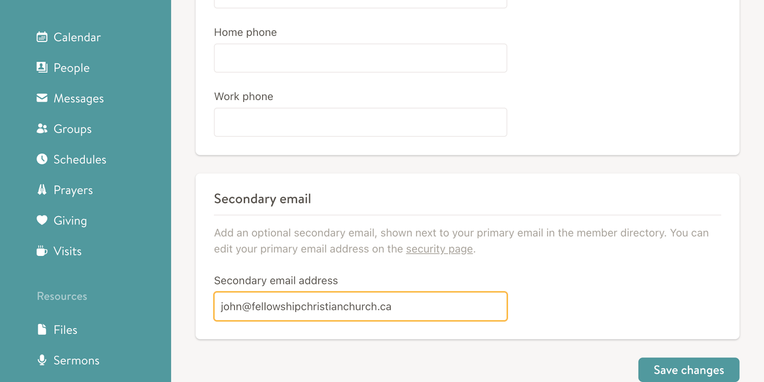 Support for secondary email addresses screenshot